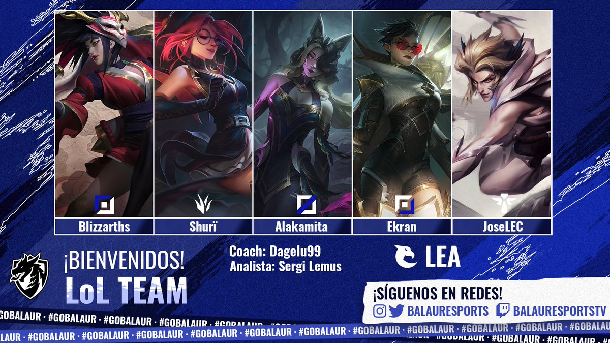 BalaurEsports's tweet photo. 🚨SKINS GRATIS🚨

Ejem...Quería decir...

📢¡PRESENTACIÓN!

¡Aquí tenéis a los campeones que pelearán en la Grieta para competir en @LEAmateur_ !⚔️ 

👤| @Blizzarths
👤| @Shurihooks
👤| @aakame_
👤| @SantiDerNacht
👤| @JoseLEC3

👔| @dageluu99
👨‍💼| @sergilemus

#LoL #BalaurRules🐉 https://t.co/g8wmmTI7Ir