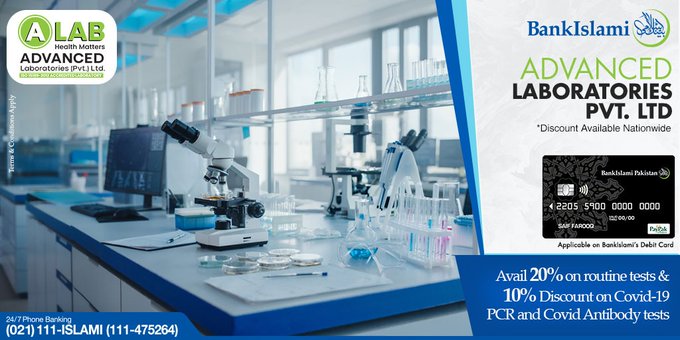 BIPLOfficial's tweet image. Feeling unwell? Worry no more, we have got you covered! Visit Advanced Laboratories across Pakistan and get up to 20% off on your tests and 10% on covid tests with BankIslami Debit card.

For more information, call 021-34801257.

#BankIslamiDiscounts #BankIslamiCares #AdvancedLab