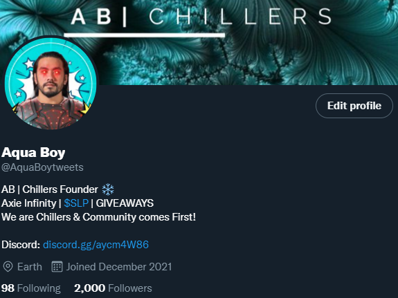 AquaBoytweets's tweet photo. 🚨We did it! 2k Followers!

- Community comes FIRST!
- Upcoming Events &amp; GIVEAWAY🎊
- Road to 3k⬆️⏫
- THANK YOU ♥️

AB | C

#AxieScholar #P2E #AxieInfinityScholar #AxieinfinityScholarship #GiveawayNFT #axieinfinity #AxieScholarships $RON $SLP $AXS #Giveaways https://t.co/wi4uY6eIeN
