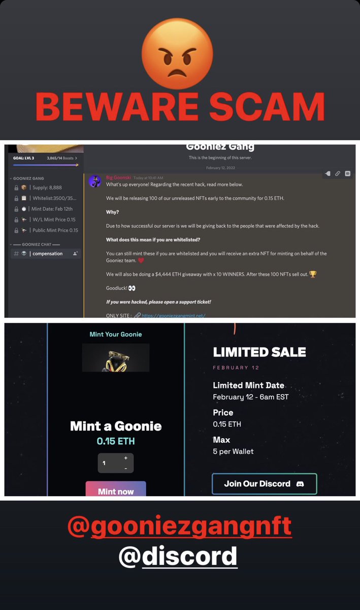 SimonNFTs's tweet photo. 🚨 BEWARE - SCAM ALERT 🚨 

@GooniezNFT @discord https://t.co/Xu1NCmLjoz
