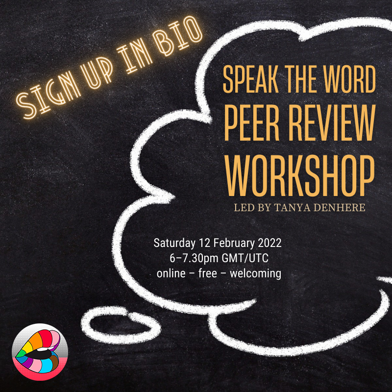 Last few spots available for our peer review workshop today, 6pm GMT, led by @tedenhere!

Sign up here: eventbrite.co.uk/e/speak-the-wo… 

This is a smaller group than our writing workshops and is participatory. 💛🖋