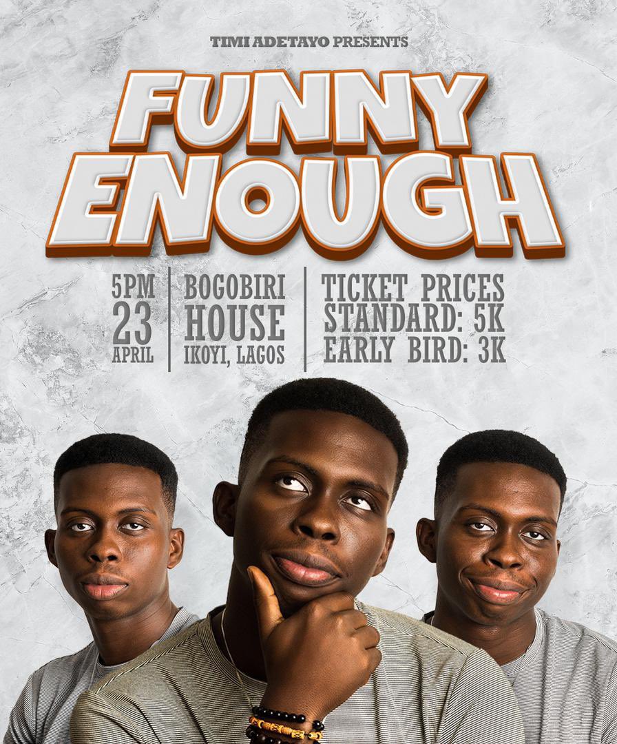 Kolamide's tweet photo. Make sure you go get your tickets for #FunnyEnough Iโm looking forward to the show by @timi_adetayo https://t.co/zXjAfBWw2P