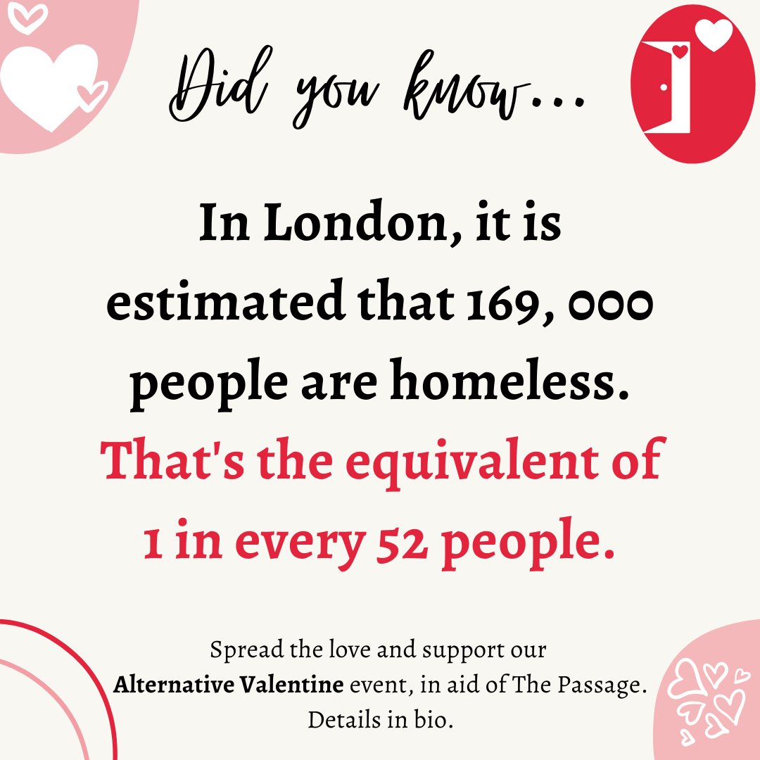 Surprised? Want to help change it? Support our Alternative #Valentine event, in aid of @passagecharity, on Wed 16 Feb.

🔗 in bio will lead you to tickets and also our Just Giving page for donations.

Spread the word, and the love ❤️
#AlternativeValentine #homeless #spreadthelove