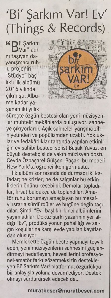 "Memlekette özgün beste yapmayı teşvik eden, ... Bi' Şarkım Var! platformu, özgürlükçü bir arayışla yoluna devam ediyor. Destek olmayı sürdürürsek edecek de..." Murat Beşer'in kaleminden bugün Cumhuriyet'teyiz! <a href="/muratbesercom/">Murat Beşer</a> <a href="/cumhuriyetgzt/">Cumhuriyet</a>