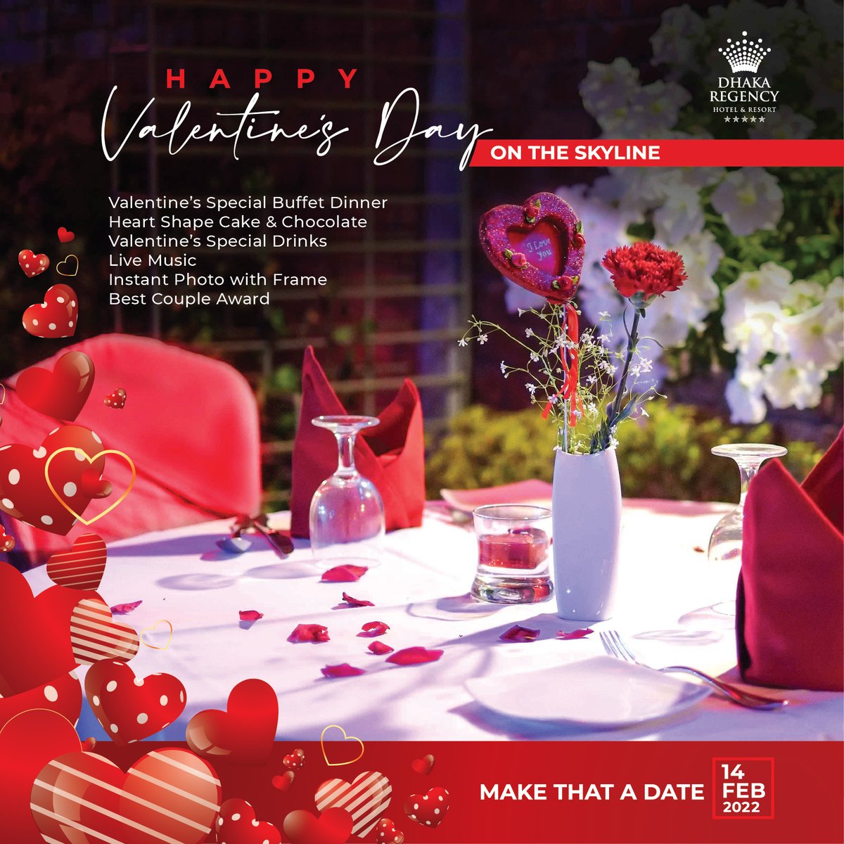 DhakaRegencyHR's tweet photo. :: #Valentine On The Skyline at DHAKA REGENCY ::
Sway to the magic of romantic ballads at our signature rooftop garden restaurant under a blanket of stars on this VALENTINE'S EVENING.

BDT 7999 PER COUPLE PER TABLE

Call:  +8801713332661 or
https://t.co/PVBWzqoeEO
#DhakaRegency https://t.co/BB90PzqtNh