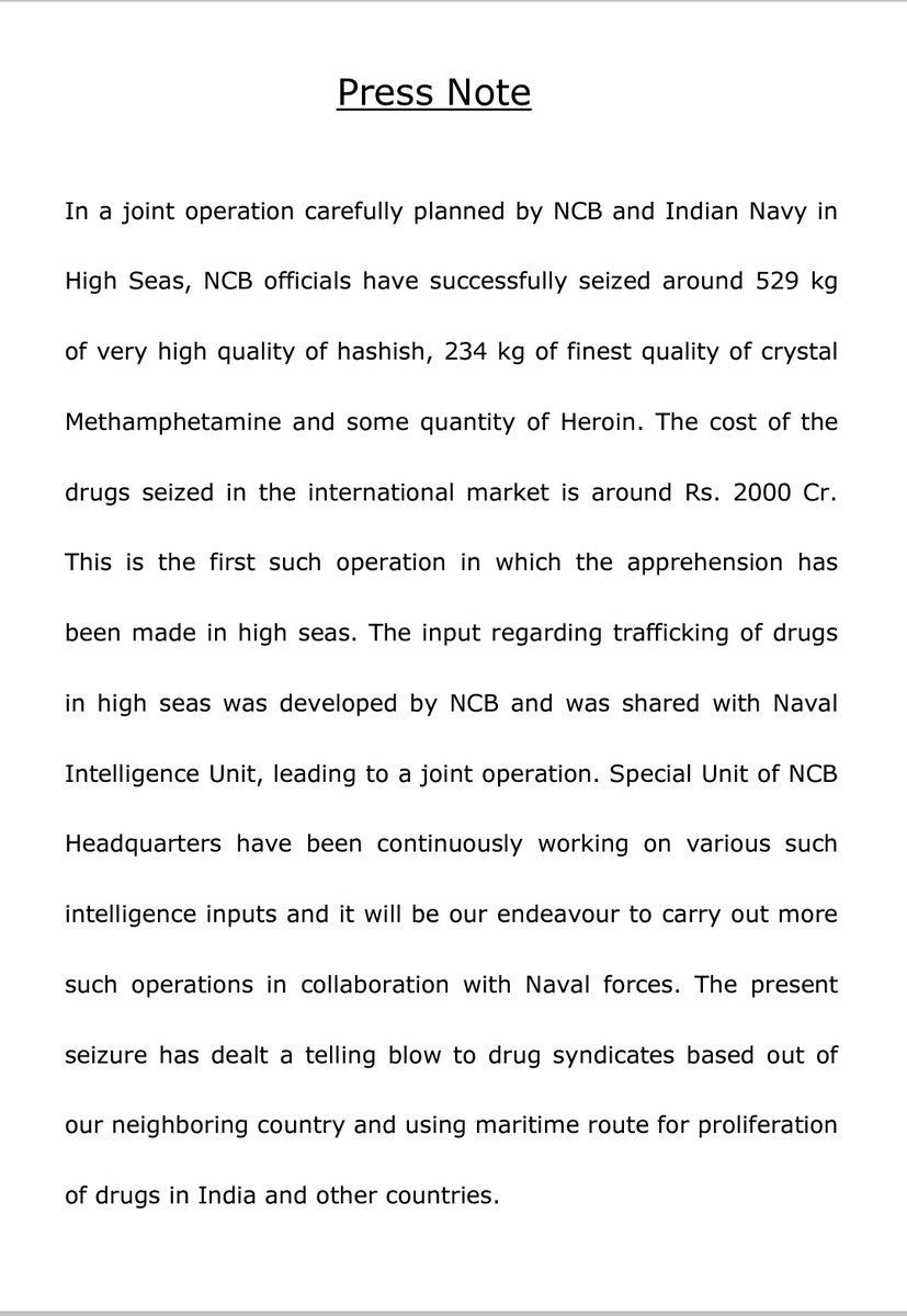 narcoticsbureau's tweet photo. In a joint operation with Indian Navy, NCB seized 529kg of Hashish (Charas) 234kg of Crystal Methamphetamine and some quantity of Heroin from high seas.  Detailed press release is attached.
Together towards a #drugfree🇮🇳🇮🇳🇮🇳 

@HMOIndia 
@dg_ncb
@indiannavy 
@PIBHomeAffairs https://t.co/QVuWAq5oMu