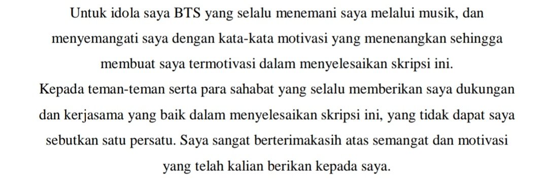 sweetnessofjk's tweet photo. Finally aku bisa naruh nama Jungkook dan juga BTS &amp; Army di Skripsi ku. 
Temen² aku minta doanya supaya persiapan sidang Skripsi ku lancar, dan semoga juga bulan ini Tuhan mengijinkan aku bisa sidang🙏

I vote for #BTSARMY for #BestFanArmy at the #iHeartAwards 2022 @BTS_twt https://t.co/k9mO4McwEO