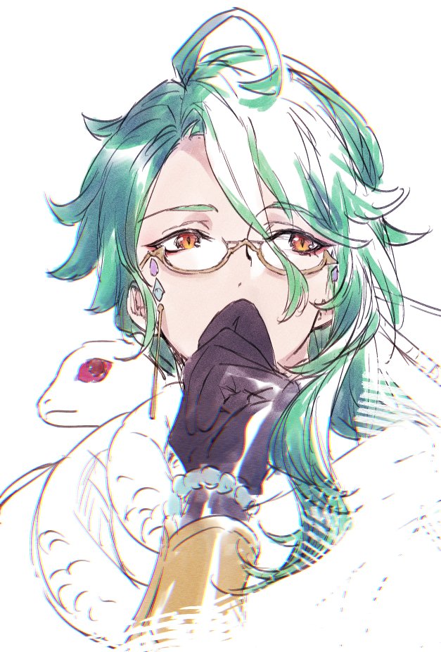 snake male focus glasses gloves green hair 1boy white background  illustration images