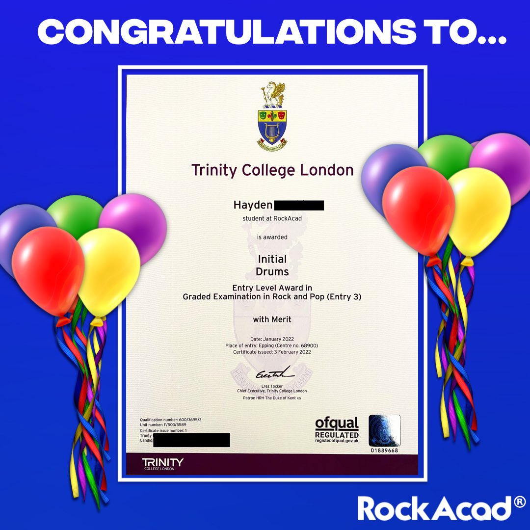 RockAcad's tweet photo. A HUGE well done to 9 year old RockAcad drum student Hayden, who achieved a ‘Merit’ mark in his @trinity_rock Initial Grade! 💪🏻🥳🎼

#trinitycollegelondon #trinityrockandpop #rockacad #onlinemusiclessons https://t.co/6Ebn2klXLT
