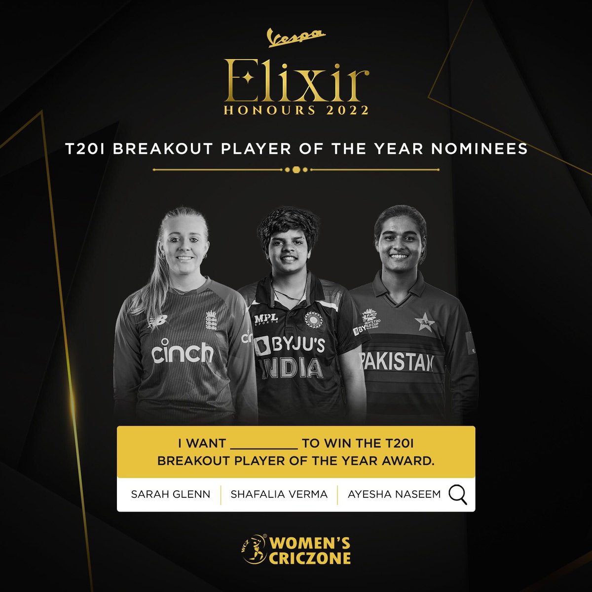WomensCricZone's tweet photo. Turn your predictive text into your vote for this category of award in #VespaElixirHonours 2022.

@Vespa_Official @FastandUp_India @HoopyIN https://t.co/JHmqRBJD2Z