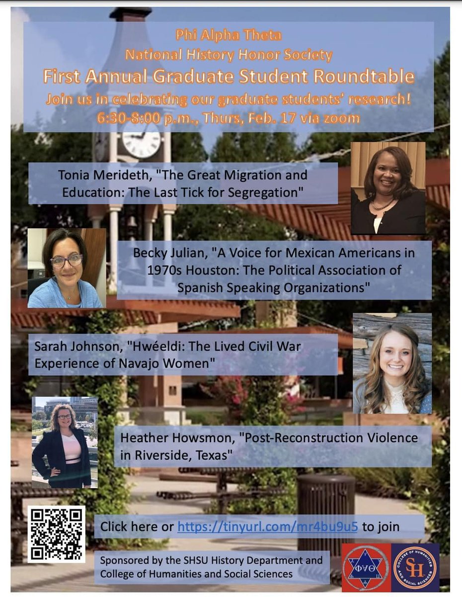 PATSHSU's tweet image. Our first ever Phi Alpha Theta Annual Graduate Student Roundtable Feb 17 at 6:30 pm 

@PAT_History @SHSU_CHSS @SHSU_History @SHSU_HistoryMA @HeatherHowsmon @BeckyAnne1976