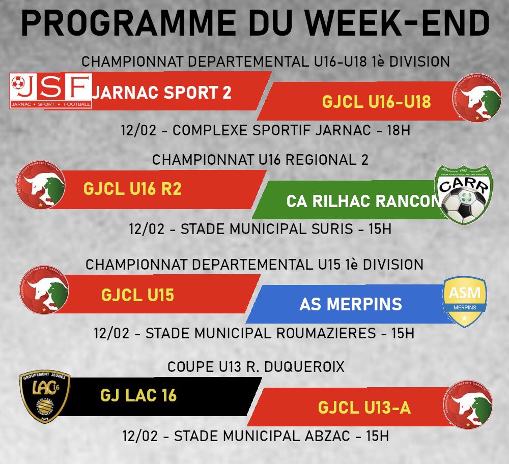 ChabanaisFC's tweet photo. Programme du week-end ⚽️

#CFC #GJCL ❤️💛 https://t.co/cl30gIxp4y