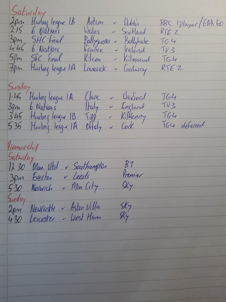 Hi Guys, 
I will be posting weekend schedules of whats on the telly for all ye degenerate sports fans. It will be handy for all the people out there who cant be holed checking and wreck the man beside them asking them "What times that at?" 

Weekend schedule below.