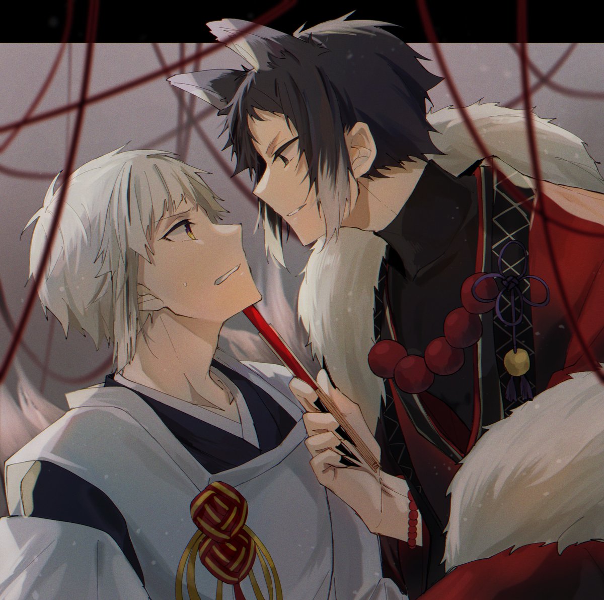 2boys multiple boys male focus white hair black hair animal ears looking at another  illustration images