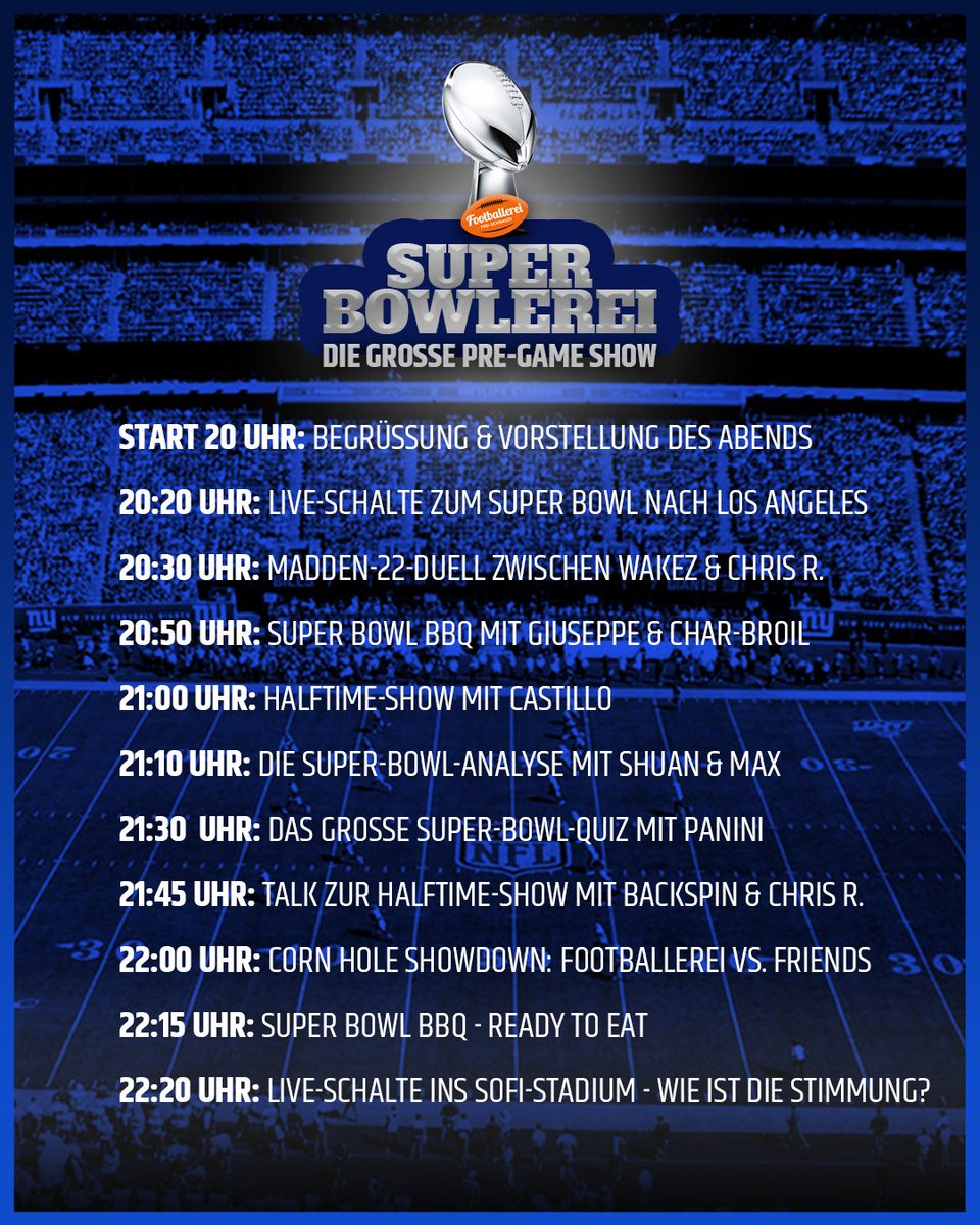 Footballerei's tweet image. Morgen Abend ist es soweit: Vor dem großen Spiel glühen wir 2,5 Stunden zusammen mit euch vor. Zusammen mit @SQVAD und @nikobackspin diskutieren wir über das Spiel, spielen @EAMaddenNFL, reden über die Halbzeitshow und tailgaten am Grill. 

Wer von euch ist dabei?

#SuperBowl
