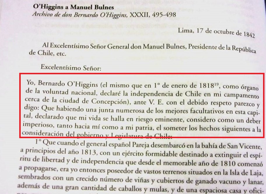 FcoDarmendrail's tweet photo. Carta que escribe Bernardo O'Higgins al presidente Manuel Bulnes, el 17 de  octubre de 1842, en que reconoce que firmó la Declaración de la Independencia de #Chile en Morrillos de Perales de #Talcahuano ( Cerro Puntillas de Perales)  el 01 de enero de 1818. Y no en Talca (hilo) https://t.co/snlVK1Fc4I