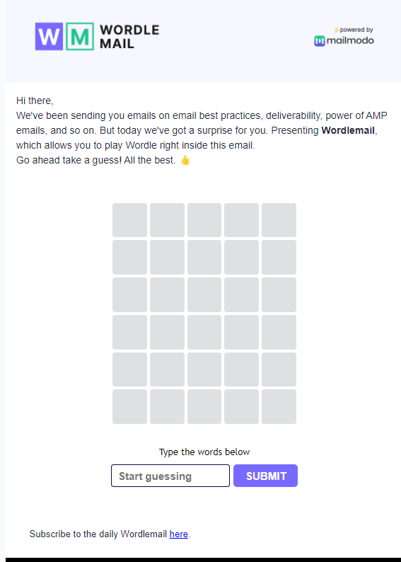 atishaygen's tweet photo. @mailmodo is an email marketing platform which helps you to send interactive emails. We use it at Suraasa.

Today, they sent an interesting email. Play Wordle right inside your email. https://t.co/59g9sbLiaV