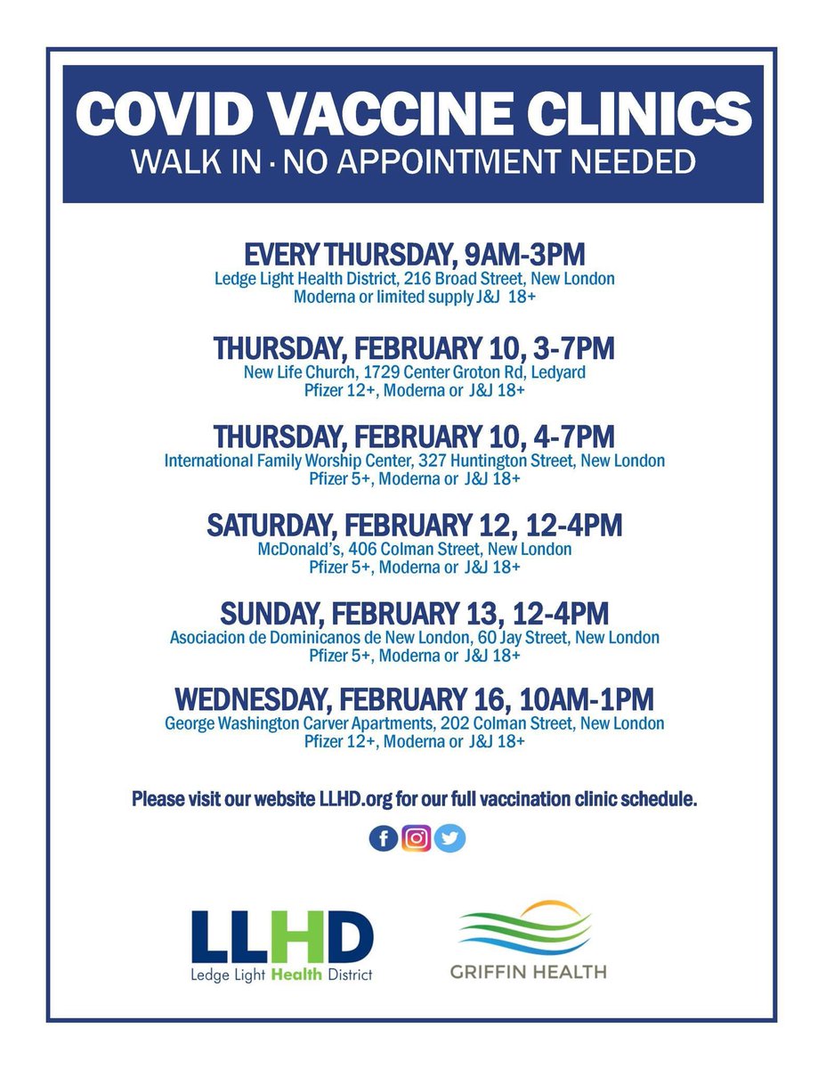 Get vaccinated today from Noon to 4 PM at McDonalds, 406 Colman St., New London. Ages 5 or older. No insurance? No ID? No problem – no one will be turned away.