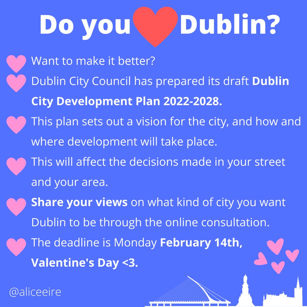 aliceeire's tweet photo. Democracy includes participation in planning &amp; decisions about how we want to live together. And when decisions get made in your area or city, the priorities,principles &amp; rules in Development Plans REALLY matter!❤️day is deadline for say re new Dublin plan https://t.co/3SQqOc5HNr https://t.co/hzhkHGLE9p