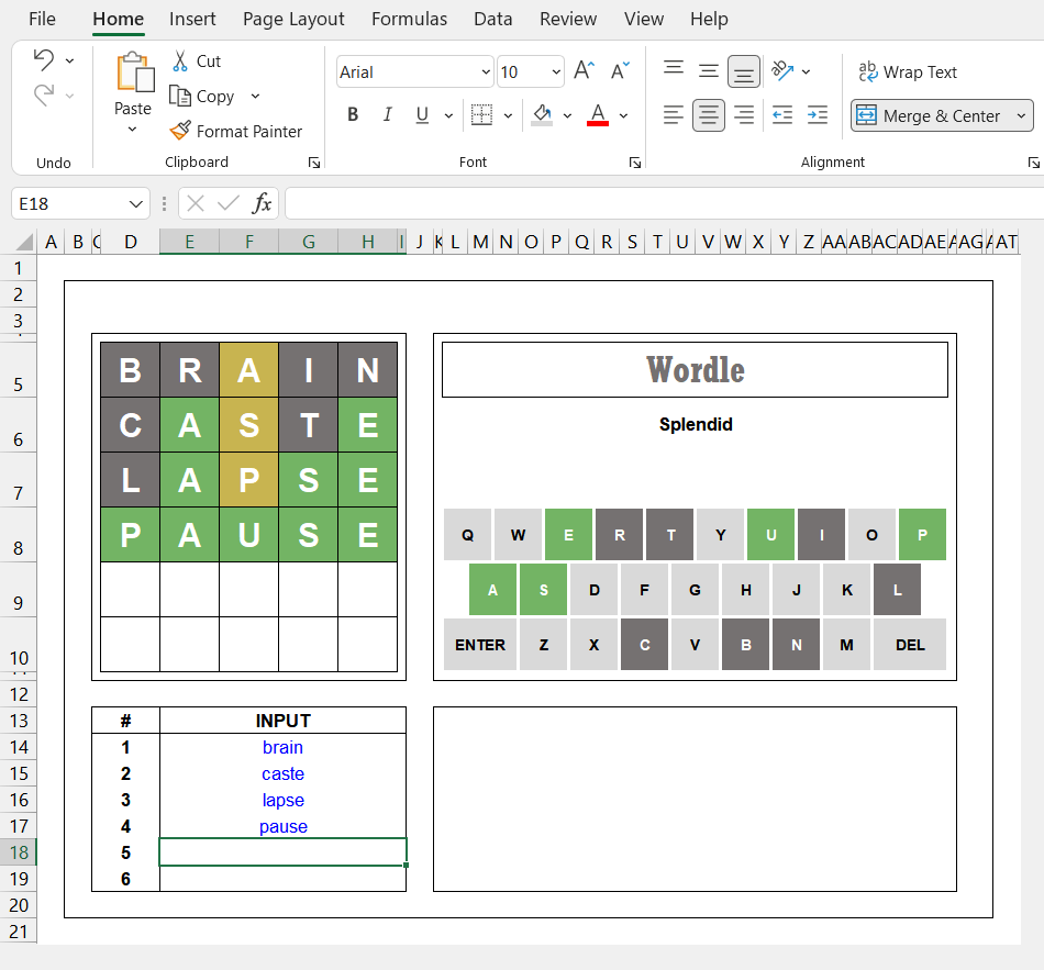 I was bored last night so I basically made a fully playable excel version of Wordle