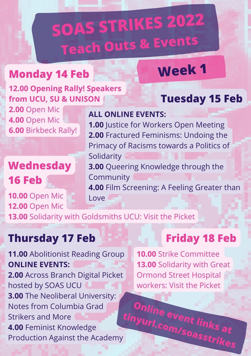 UCUSOAS's tweet photo. SOAS teach outs &amp; events for week 1 of the #UCUstrike — some truly excellent stuff in person and online! Also available at https://t.co/IBczOWql91 with Zoom links. And much more to come in weeks 2 &amp; 3 🤩✊ #OneOfUsAllOfUs #SeeYouOnThePicketLine https://t.co/0zJgpcRvdu