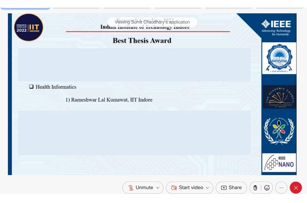 BiswarupGroup's tweet photo. Congratulations to Dr. Ram for receiving the best thesis award in IIT Indore #ResearchConclave 2022 in the category of Health Informatics. https://t.co/5Cg7PV2GvF