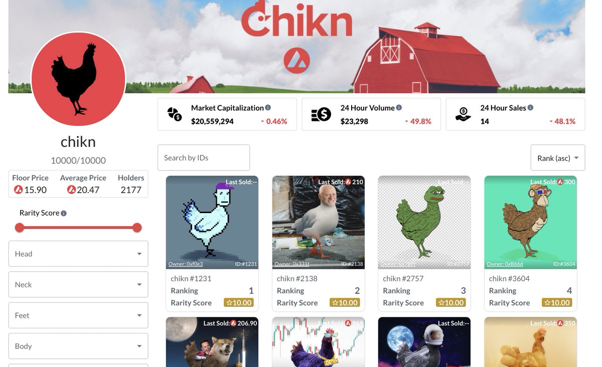 RuggedDisco's tweet photo. Hot out the coop #bokboknews

"#AvaxNFTstats has new rarity feature...for optimal #chikin gazing"

-----

@chikn_nft lovers can now "ooh" and aah" over the new rarity matrix...how do you rank? 

#avax
#NFT
$avax 
#avalanche

https://t.co/N2bQMVnFzF https://t.co/qHu7j5md7z
