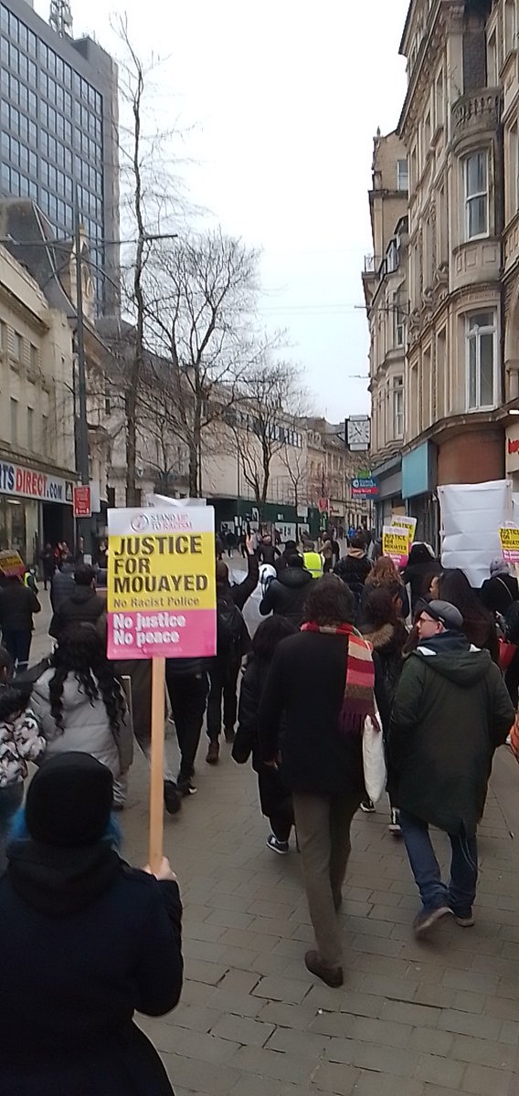 tombfowler's tweet photo. Chants of "no justice no peace" as the crowd makes its way through the city centre #justice4mouayed https://t.co/qbFPqbnFOC