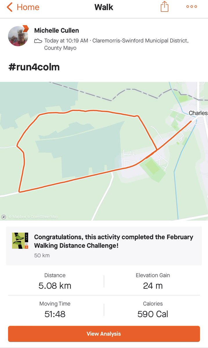 ShellbellMayo's tweet photo. Couldnโt run today due to a back injury but completed a 5k walk for the Colm Horkan Memorial Run #run4colm ๐ https://t.co/lm34yS1lOf