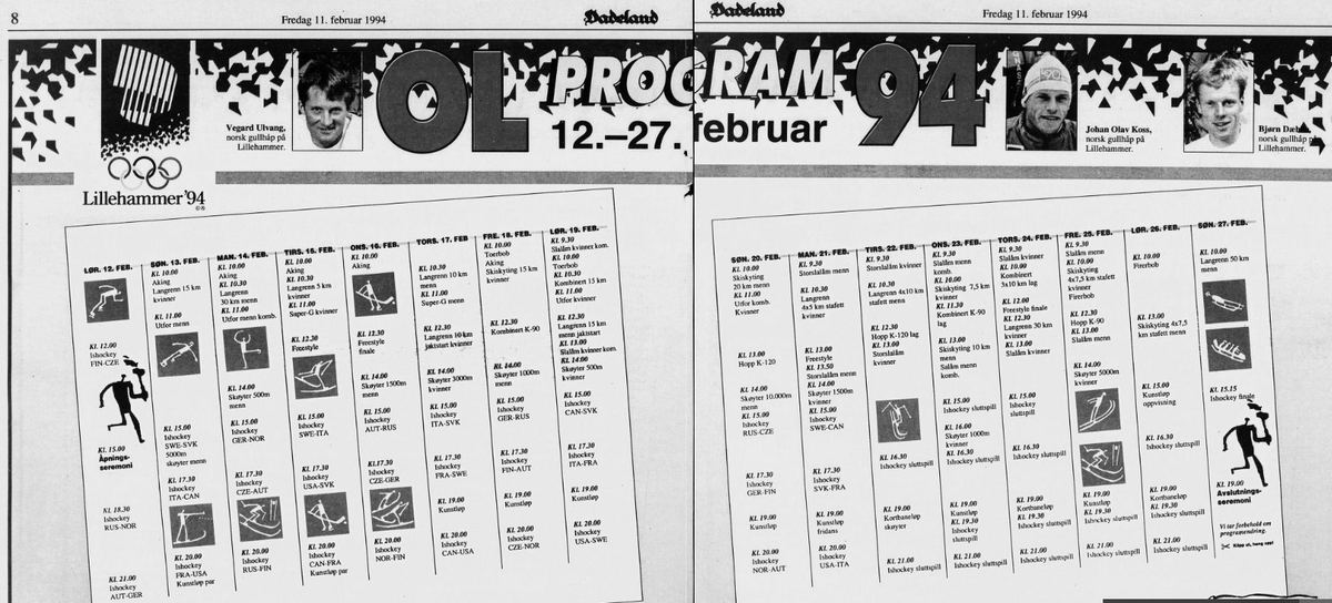 På denne dag i 1994 startet <a href="/Lillehammer1994/">Lillehammer OL94</a>. For noen uker vi hadde foran oss! 57 øvelser er litt mer enn halvparten i 2022 (109) og det var nesten bedagelig tempo i sendingene. Fra åpning til ilden sluttet var det en folkefest og et meget spesielt OL:
