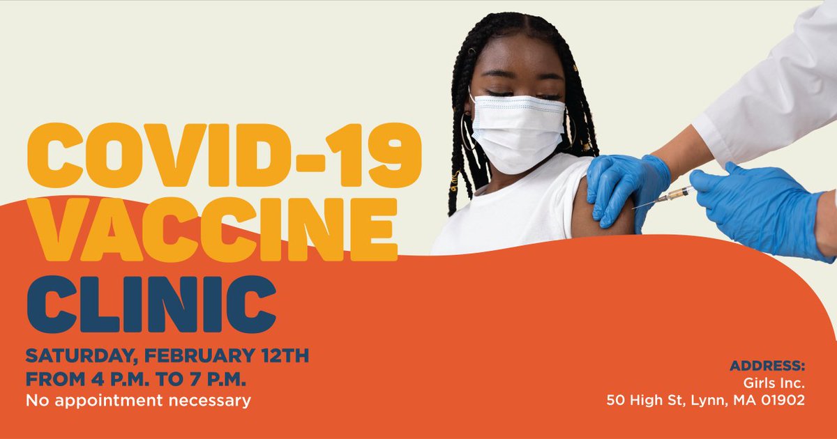 GirlsIncLynn's tweet photo. Vaccine Clinic Saturday February 12 4pm-7pm at Girls Inc 50 High Street Lynn. First, Second and Booster Shots. Children 5+ &amp; Adults. No appointment needed. All welcome. J&amp;J, Pfizer &amp; Moderna. Thank you to @ECCFGives for sponsoring the clinic.  #vaccine #girlsinclynn #ECCF https://t.co/y1G9fadp6F