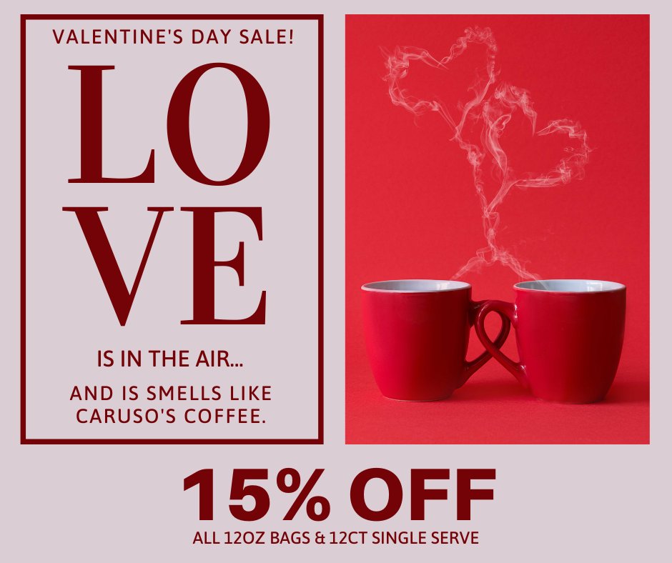 Carusoscoffee's tweet photo. Hey Coffee Lovers! ☕♥️♥️ Our Valentine's Day Sale is live!

From now until February 14 – save 15% off of 12oz bags of coffee AND single serve!

Deals so good, you'll fall in love. 💋

Shop Now: https://t.co/xm84D6T7Dh

#CoffeeSale #Coffee #Coffeelovers https://t.co/Udgpp0wtzg