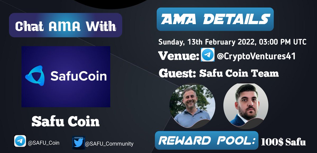 CryptoVenture41's tweet photo. 📢 We're thrilled to announce our next #AMA with @SAFU_Community
on 13 Feb 3 PM UTC

💰 Reward Pool: 100$ Safu
📍 Venue: https://t.co/ZQqxvv68Zb
〽️ Rules:
✅ Follow @CryptoVenture41 &amp; @SAFU_Community
✅Like Retweet &amp; Comment Your Questions (3 Questions Max) and Tag 3 Friend https://t.co/0nMCICS35X
