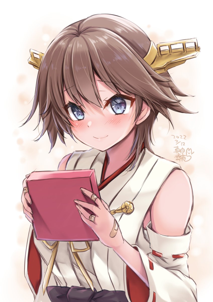hiei (kancolle) 1girl solo short hair brown hair headgear ribbon-trimmed sleeves detached sleeves  illustration images
