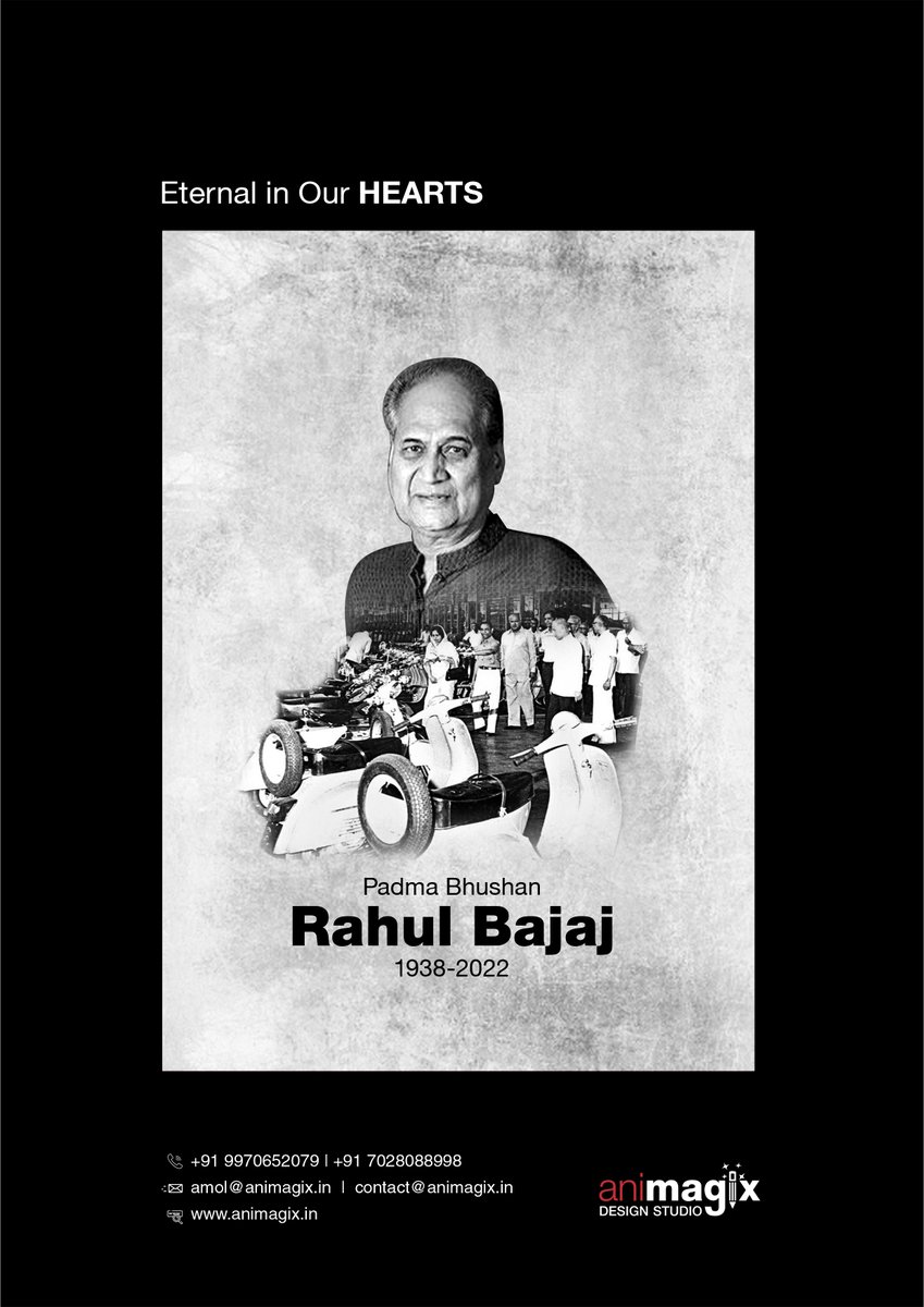 AnimagixStudio's tweet image. The Legend of the Two-Wheeler Industry of India. The Man who helped people ride on new dreams with 'Humara Bajaj'. We are honoured to have shared our creativity with Bajaj Auto, Akurdi under his guidance. Animagix Design Studio pays tribute to #PadmaBhushan #RIPRahulBajaj.