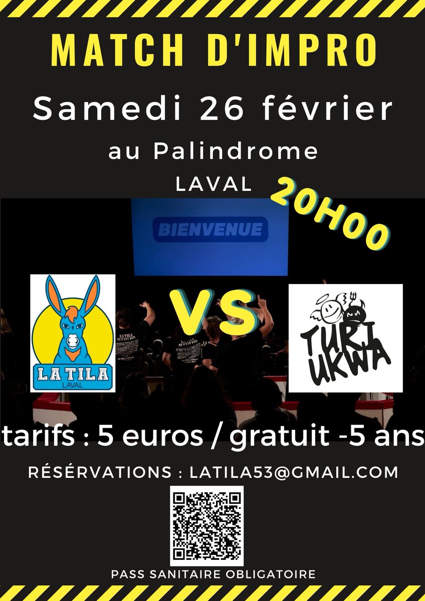 Salut Tweeter, ça fait longtemps qu't'as vu un match d'impro ? Bah allez c'est parti ça se passe à #Laval  en #Mayenne. C'est 5 euros c'est au #Palindrome c'est le 26 février tu réserve là : helloasso.com/.../match-d-im…...?
T'as des questions vas y j'réponds. Tcho.