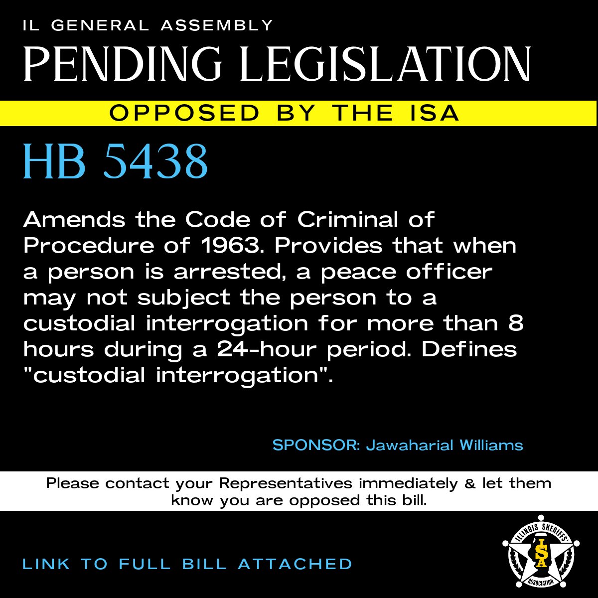 ILSheriffsAssoc's tweet image. HB5438 - Opposed by the ISA

Link: ilga.gov/legislation/bi…