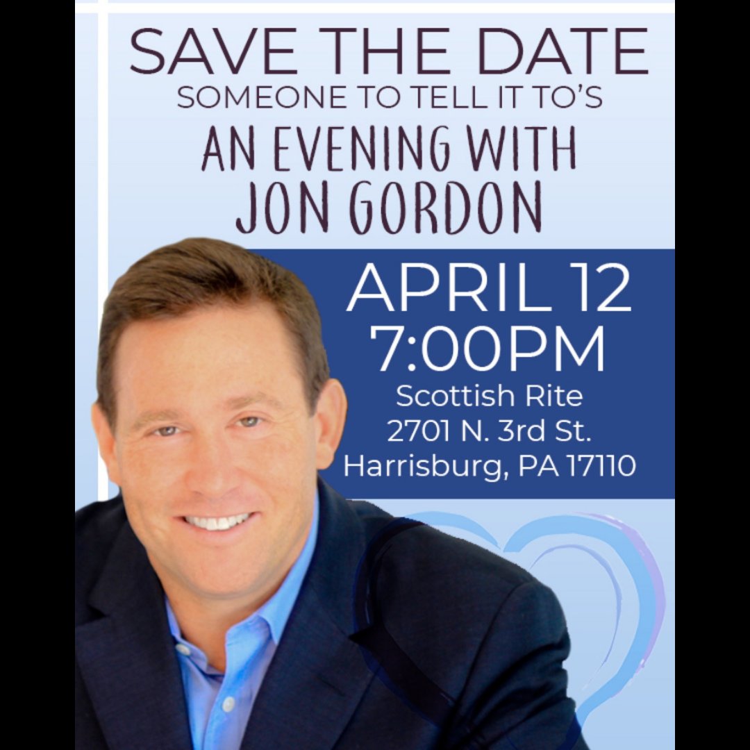 some1totellitto's tweet photo. Join Someone To Tell It To on April 12 in Harrisburg for an enlightening and inspiring evening focused on servant leadership and positivity in the workplace, led by the expertise of nationally-recognized best-selling author, Jon Gordon! Learn more: https://t.co/3tmLhqN8v3 https://t.co/1BaZAOB7Cc