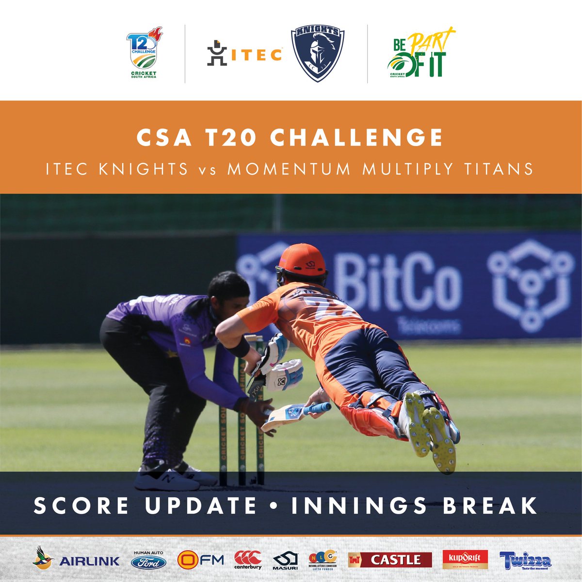 KnightsCricket's tweet photo. ๐๐ฆ๐ ๐ง๐ฎ๐ฌ ๐๐๐๐๐๐๐ก๐๐
SCORE UPDATE - HALFWAY STAGE
vs @Titans_Cricket
Titans | 151/6 - 20 overs
Kruger 2/18
Van Heerden 2/32
ITEC Knights need 152 runs to win
#InningsBreak
#BePartOfIt
#BackInOrange https://t.co/MrmRddmEHa