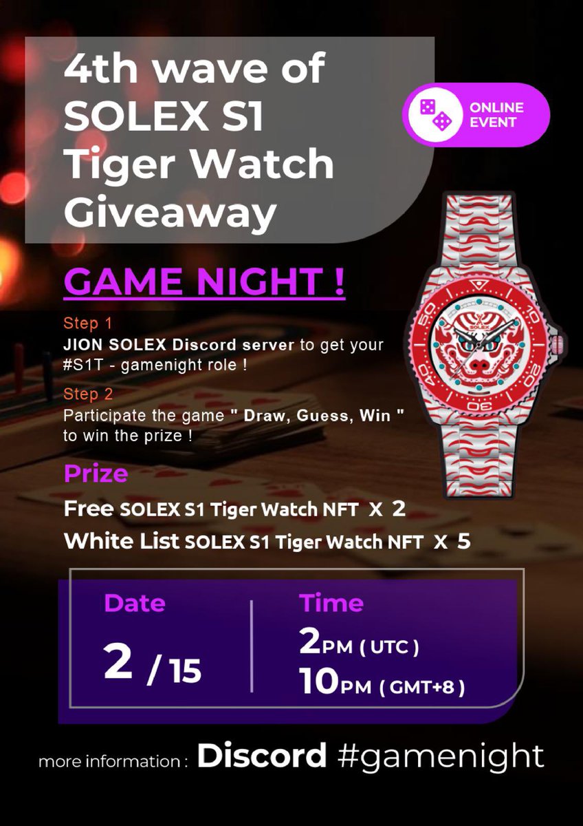 solexwatchco's tweet photo. SOLEX Game night with S1 Tiger watch giveaway. (2SOL Value) 2/15 2PM TUC at https://t.co/RhqGtK9sOi #gamenight https://t.co/XaM1H4dTT8