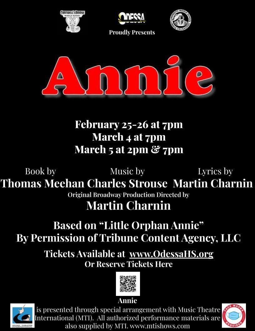 Leaping Lizards! Annie is coming to <a href="/OHSDuckNation/">Odessa High School DE</a>! Tickets are on sale now.