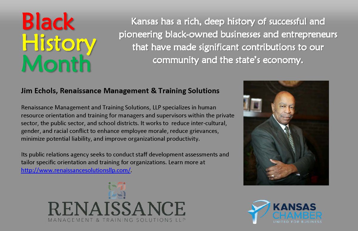 In honor of #BlackHistoryMonth, <a href="/KansasChamber/">The Kansas Chamber</a> is recognizing #Kansas' great black-owned businesses. Meet Jim Echols who launched RenaissanceSolutionsllp.com to help businesses strengthen their teams. #BlackEntrepreneurs #KSJobCreators #KSBizCares