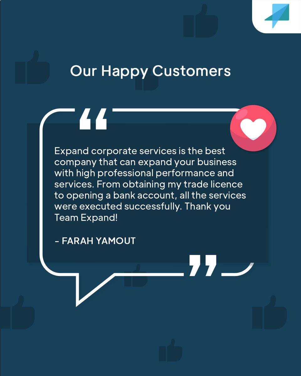 expandservices's tweet photo. Thank you for your warm words, Farah. We wish you the best of luck and hope your company soars to new heights!
#TeamExpand #Expandwithus #Expandyourbusiness #ClientTestimonials #happycustomer #customersatisfcation https://t.co/1u4HQ7i0nL