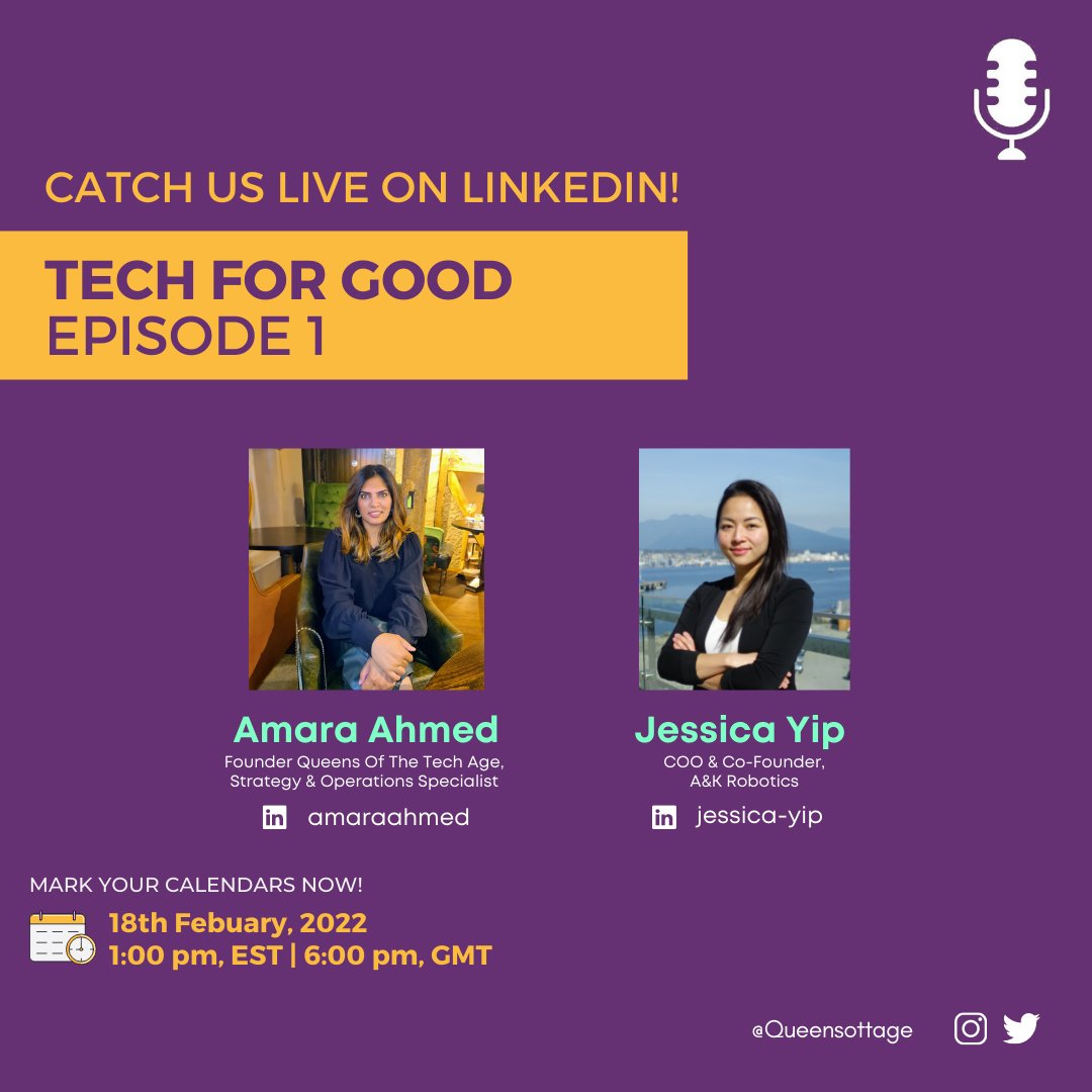QueensOfTheTechAge (@queensottage) on Twitter photo Our #TechforGood series aims to highlight and showcase the work of founders and co-founders whose startups are creating a social impact through tech.
Our first guest Jessica is the Co-founder of <a href="/AandKrobotics/">A&K Robotics</a>. Jessica will be sharing more about her venture in the session. Our #TechforGood series aims to highlight and showcase the work of founders and co-founders whose startups are creating a social impact through tech.
Our first guest Jessica is the Co-founder of <a href="/AandKrobotics/">A&K Robotics</a>. Jessica will be sharing more about her venture in the session.