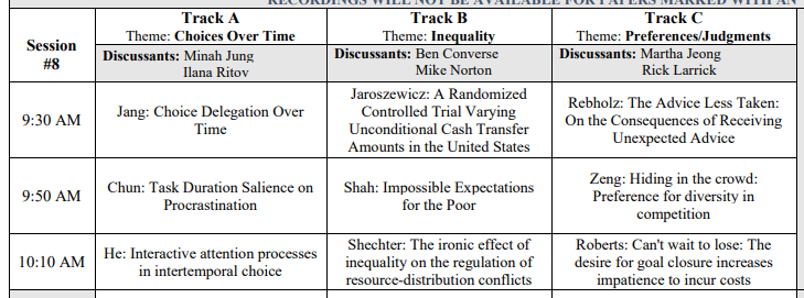 Final day of #sjdmonline about to begin!

2 paper sessions, Einhorn Award announcement and business meeting.

This morning's first session starting now:
A) Choices over time @minah_jung @OlegUrminsky 
B) Inequality 
C) Preferences/Judgment @Annabelle94R