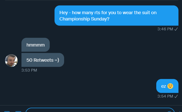 50 RETWEETS AND <a href="/Chas_WoW/">Chas</a> WILL WEAR THE SUIT TOMORROW. 

You know what to do 🥲