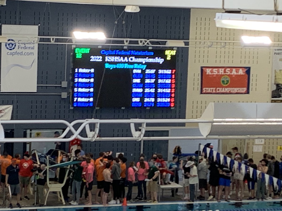 Final event for 6A state championship is off the blocks and to the wall with Olathe East winning the 400 Free Relay