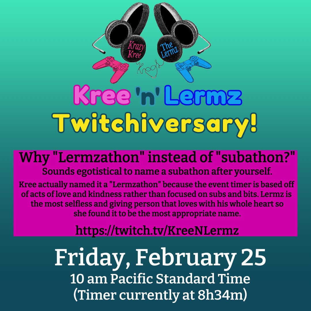 kreenlermz's tweet photo. Add time to our #Lermzathon by preforming acts of kindness DURING the Twitchiversary stream. Share your story with a video/screenshot and use the hashtag #Lermzathon and tag us here! Our mods will help us add in the time! https://t.co/f4UNN9gIum