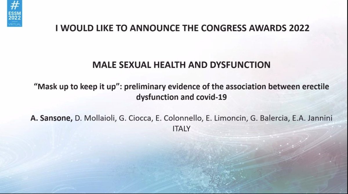 Andrea Sansone, MD, Andrologist (@andreasansonemd) on Twitter photo Proud to have been awarded the #ESSM2022 congress award for our study on #erectiledysfunction and #covid19. And of course - Many congratulations to President Elect <a href="/jovcorona/">Giovanni Corona</a> Proud to have been awarded the #ESSM2022 congress award for our study on #erectiledysfunction and #covid19. And of course - Many congratulations to President Elect <a href="/jovcorona/">Giovanni Corona</a>