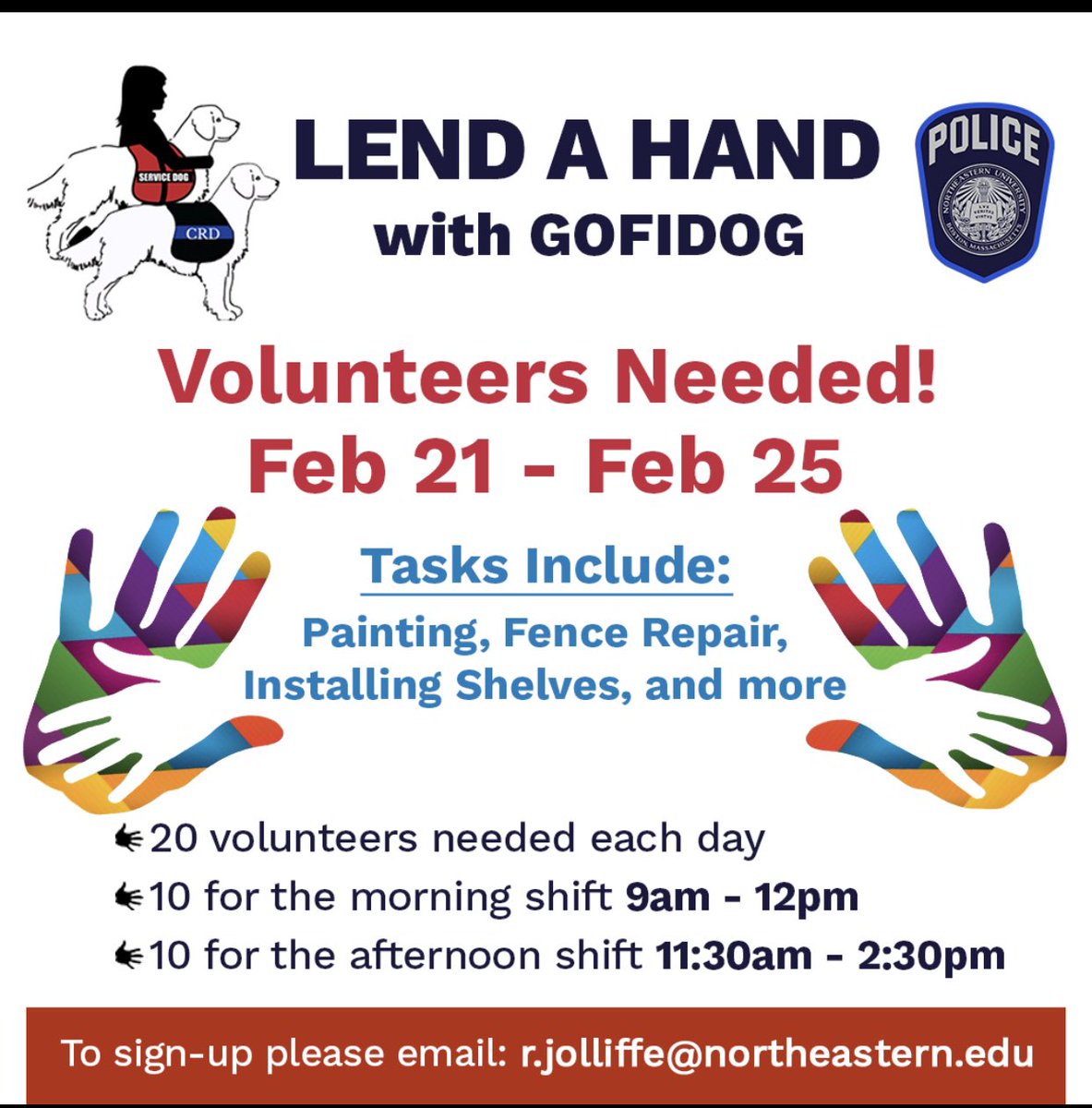 Our friends <a href="/gofidogs/">Golden Opportunities for Independence GOFIDOG</a>, those who cont. to train Cooper, rely on volunteers to complete their important work. Perhaps YOU can help in the coming days? They’re located in Walpole, MA. Contact Ofc. Jolliffe: r.jolliffe@northeastern.edu